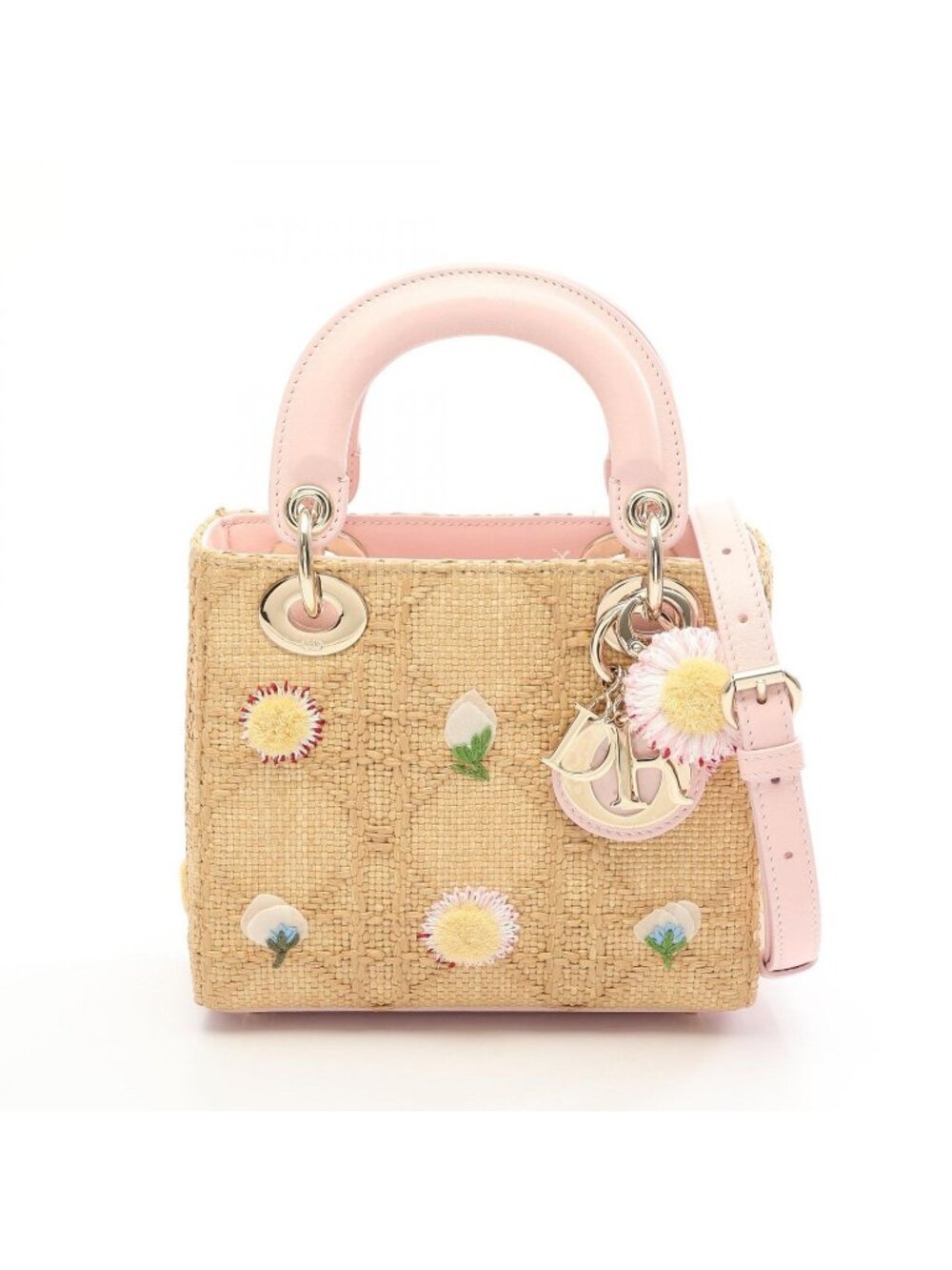 Dior Handbag Lady Dior Mini Natural Light Pink Multi Leather Daisy Garden 2-Way
